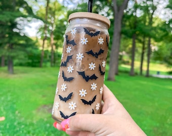 Bats and Flowers Glass Cup, Its Frickin Bats, Halloween Glass Cup, Fall Cup, Birthday Gift, Iced Coffee Cup, Retro Glass, Autumn