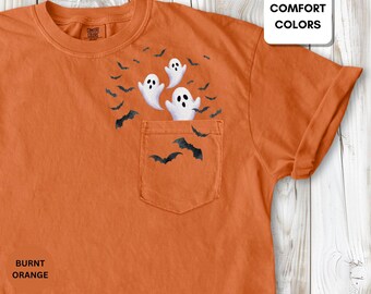 Comfort Colors® Halloween Cute Ghost Bats Shirt, Cute Pocket Ghost Shirt, Retro Ghost Tee, Women's Halloween Shirt, Fall Spooky Bat shirt