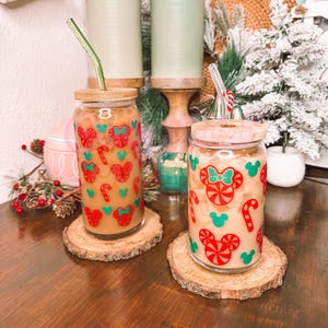 Peppermint Magic Mouse Glass Cup, 16oz and 20oz Glass Christmas Cup, Iced Coffee Cup, Park Cup, Holiday Cup, Cute Christmas Gift, Winter Cup