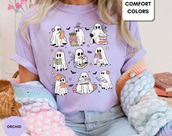 Comfort Colors® Halloween Cute Ghost Reader Shirt, Cute Ghost Shirt, Retro Ghost Tee, Women's Halloween Shirt, Fall Spooky Bookish Shirt