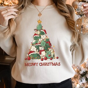 Meowy Christmas tree Sweatshirt, Merry Christmas Hoodie, Cute Watercolor Trees, Christmas Gift Idea dog mom, cozy winter cats green red