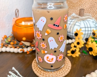 Retro & Groovy Ghost Flowers Aesthetic Halloween Beer Can Shaped Glass, Cute Boho Spooky Ghosts Iced Coffee Cup, Gift, 16oz and 20oz Cup