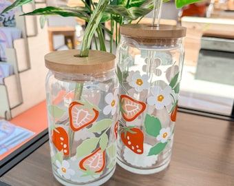 Floral Strawberry Cup | Summer fruit glass can cup | smoothie cup | gifts for her | summer time aesthetic | Cottage Core | Iced Coffee Cup