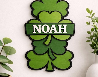 Tabliczka z imieniem w kształcie koniczyny (SVG) | Plik laserowy z nazwą na Dzień Świętego Patryka | Tabliczka z imieniem w kształcie koniczyny (Shamrock Stack) | Plik Glowforge Lightburn | Tabliczka z imieniem dla dzieci (SVG)