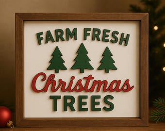 Farm Fresh Christmas Trees Sign | Layered Wood Christmas Decor | Rustic Holiday Sign | Red & Green Christmas Wall Art | Farmhouse Christmas