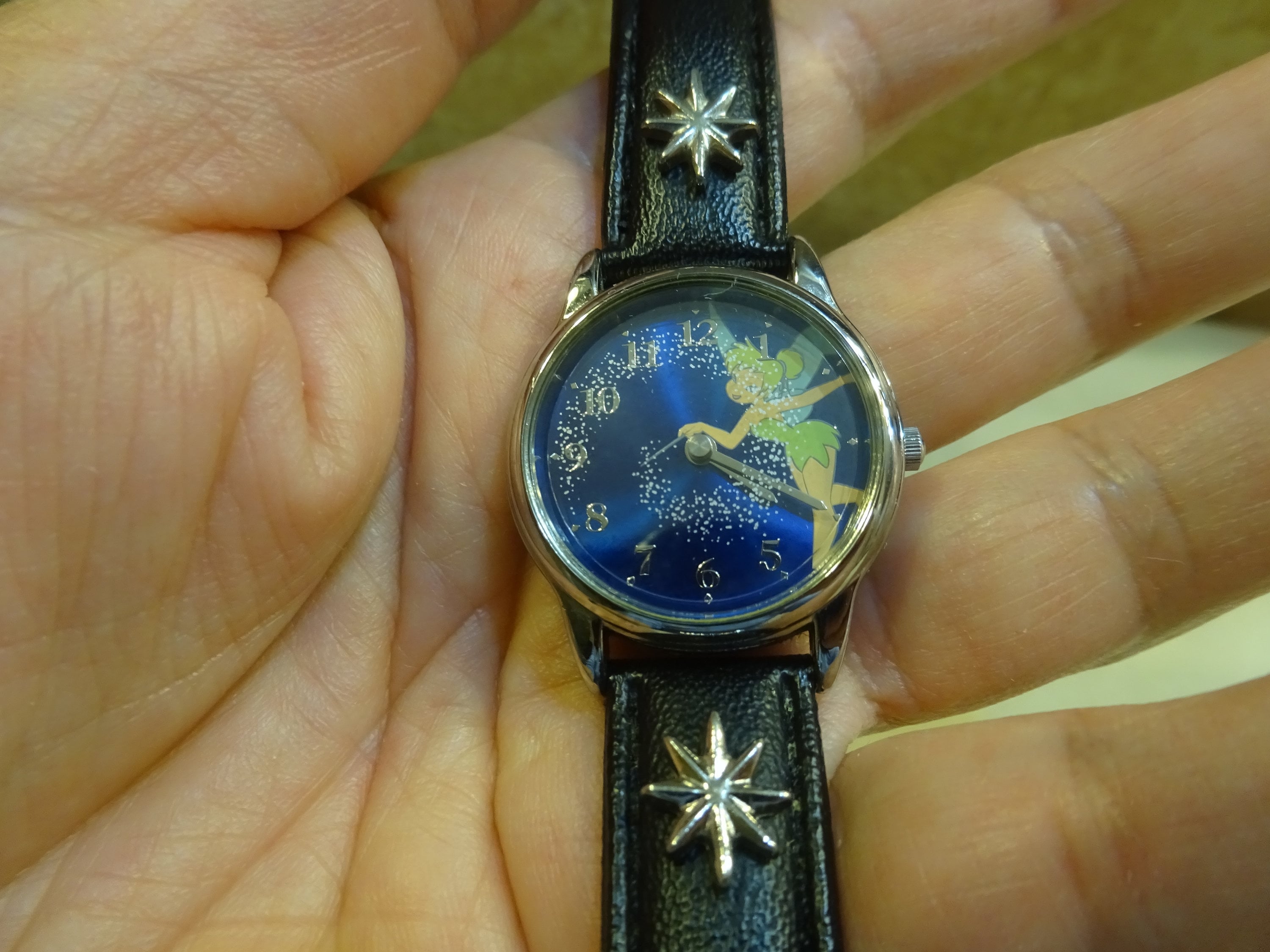 Vintage Walt Disney’s Peter Pan Tinkerbell Watch Blue Black Leather Gold Tone SS Vintage Disney watch with gold bezel and blue leather strap  main image 3