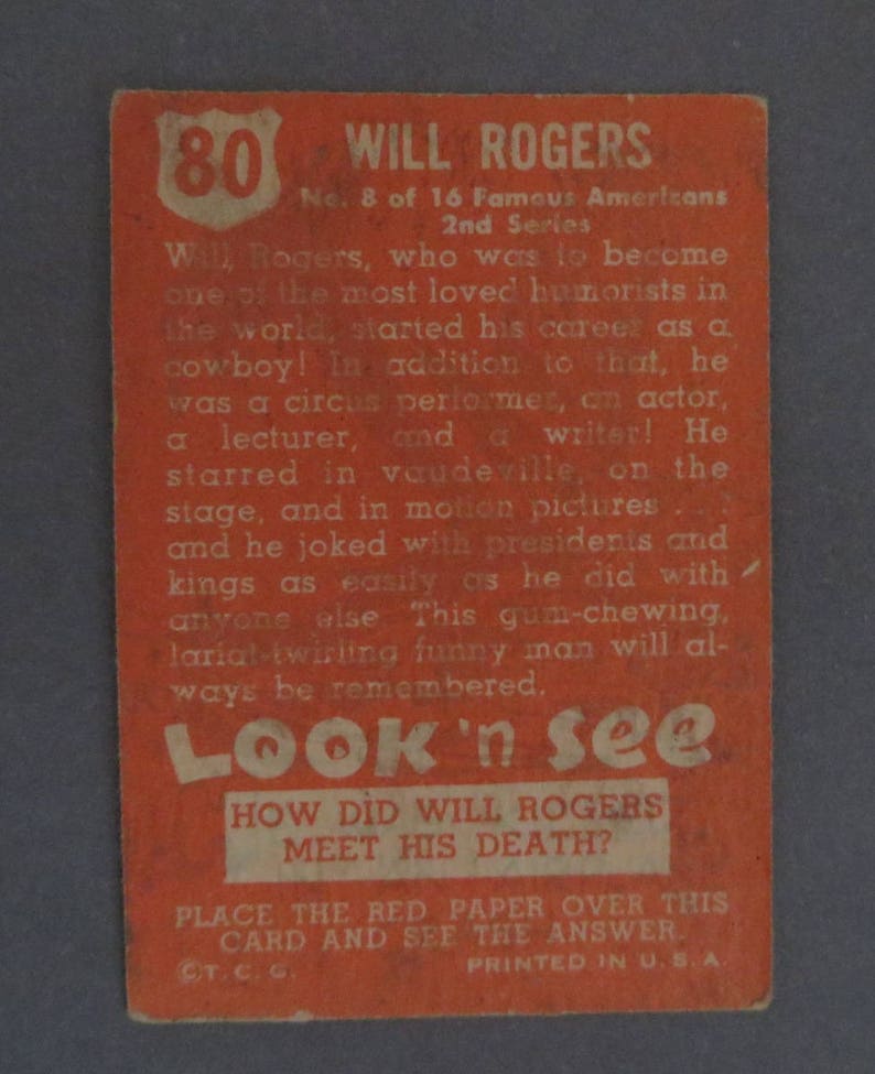 Vintage 1950s TOPPS Number 60 Historical Trading Cards Will Rogers Look /'n See Trading Card Famous Americans 2nd Series