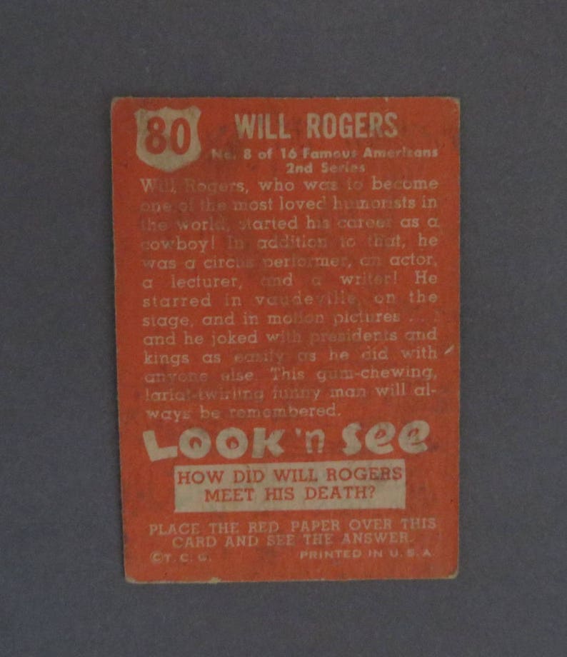 Vintage 1950s TOPPS Number 60 Historical Trading Cards Will Rogers Look /'n See Trading Card Famous Americans 2nd Series