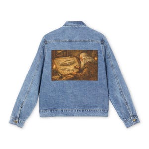 Leonardo-stil jeansjacka | Vintage UFO-diagram, konstnärlig lapp på ryggen
