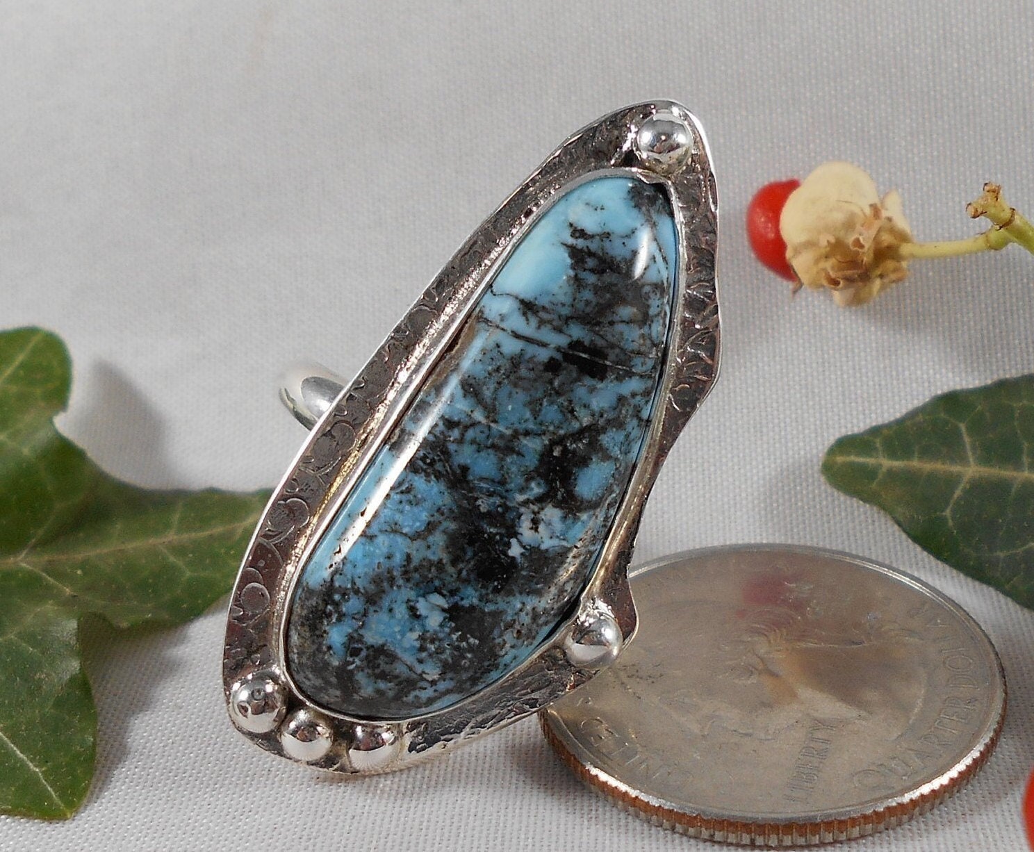 Turquoise Ring Size 10 12 Sterling Silver Large Chunky Handmade Rare Utah Gem Boho Ring Statement Jewelry Blue White Brown Black 1078