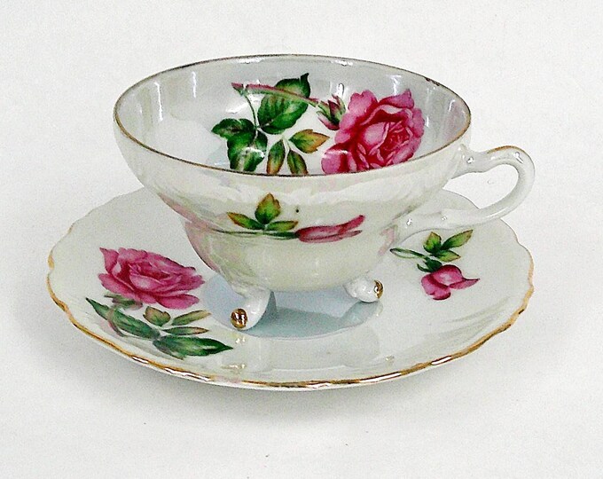 Iridescent 3-footed Tea Cup and Saucer With Roses - Etsy