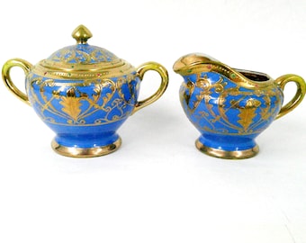 Elegant Blue and Gold Sugar and Creamer, vintage