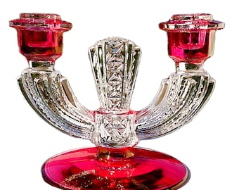 Pair of Double Light Candlesticks, Williamsburg Ruby Flashed by Tiffin Franciscan