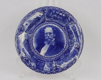Antique Charles Dickens Blue Transferware Plate by Rowland Marsellus