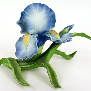 Op de afbeelding: Een porseleinen beeldje van een bloeiende irisbloem met gegolfde bloemblaadjes in blauwe en witte tinten, voorzien van een geel hart. De bloem zit vast aan een groene stengel met lange, gebogen groene bladeren die aan de basis uitsteken.