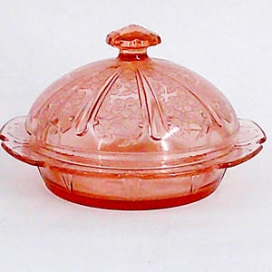 CHERRY BLOSSOM Pink Covered Butter Dish by Jeanette, 1930s