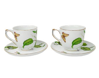 Pair of Godinger Jardin Flowers and Butterflies Flat Tea Cup Saucer