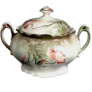 Attractive Antique Biscuit Jar/Small Tureen, hand painted flowers