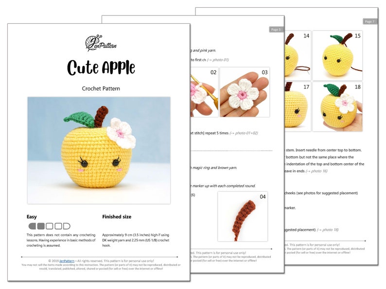 Cute apple crochet PATTERN, Kawaii amigurumi fruit tutorial, DIY teacher gift. PDF file English image 3