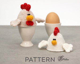 Easter chicken egg warmer crochet PATTERN, Hen and rooster egg cozy, DIY kitchen decoration tutorial. PDF file (English)