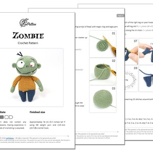 K&ouml;nnte beinhalten: Ein H&auml;kelmuster f&uuml;r die Herstellung einer Zombie-Amigurumi-Puppe. Das Muster enth&auml;lt Anleitungen und Fotos zum H&auml;keln von Kopf, K&ouml;rper und Beinen. Die fertige Puppe ist etwa 14 cm (5,5 Zoll) gro&szlig;.