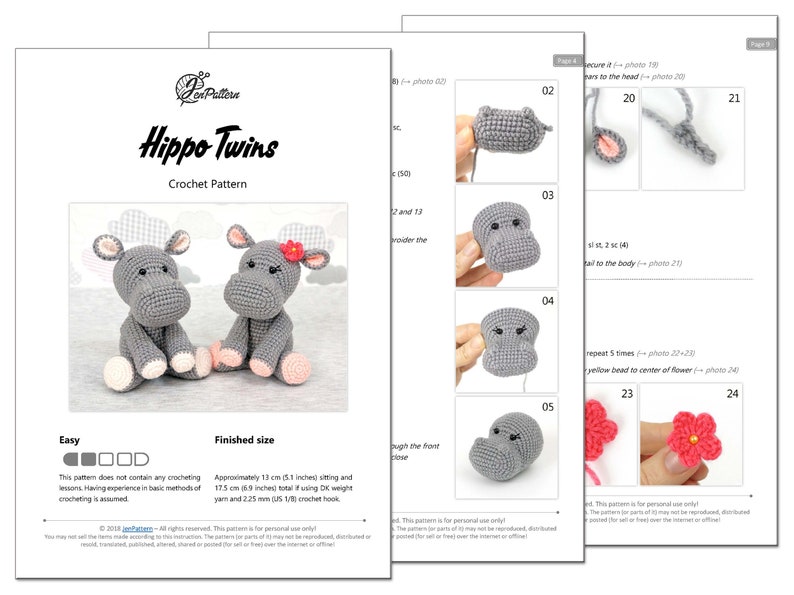 May include: A crochet pattern for making two hippopotamus amigurumi toys. The pattern includes instructions for crocheting the hippopotamus, as well as a flower. The finished hippopotamus is approximately 13 cm (5.1 inches) tall. The pattern is easy to follow and includes photos to help you along the way.