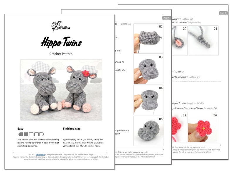 Hippo Twins crochet PATTERN, DIY amigurumi hippo stuffed animal tutorial, Safari crochet animal. PDF file English image 3