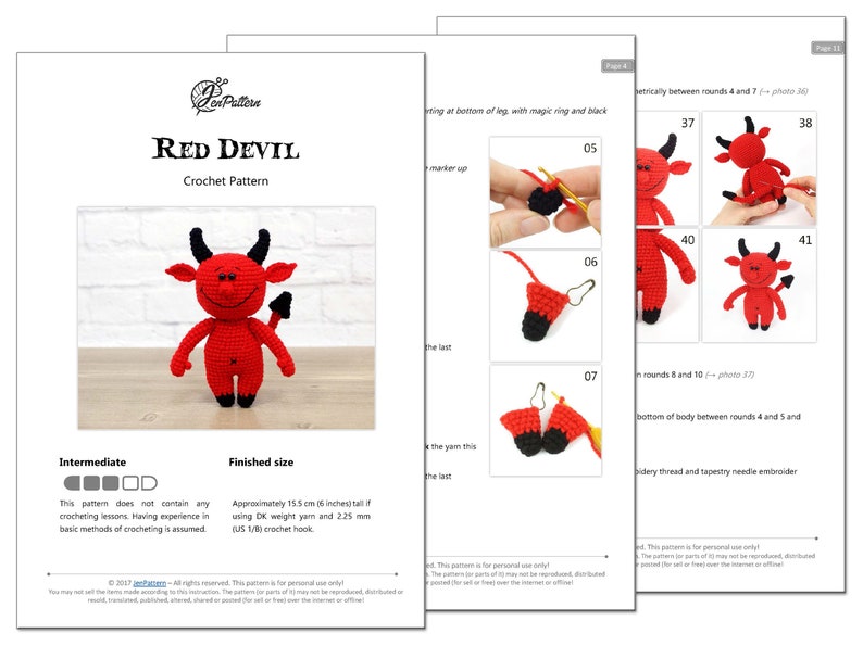 May include: Crochet pattern for a red devil amigurumi toy. The pattern includes instructions for making the toy, which is approximately 6 inches tall. The pattern is for personal use only.