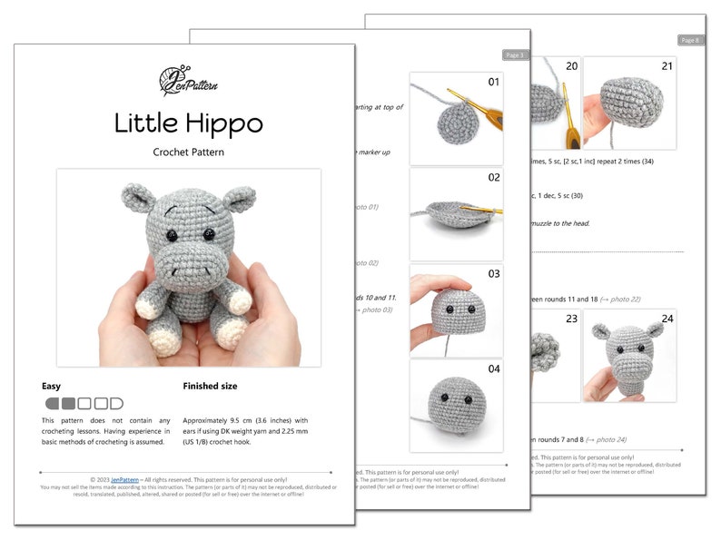 Little Hippo crochet PATTERN, DIY amigurumi hippo safari animal tutorial, Amigurumi for beginners. PDF file English image 3