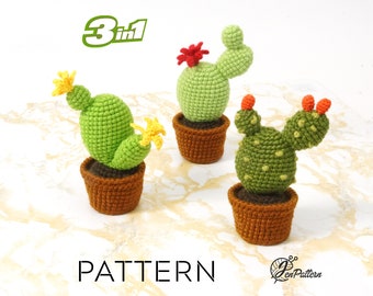 Cactus Collection crochet PATTERN, Amigurumi cactus plant, Crochet prickly pear tutorial. PDF file (English)