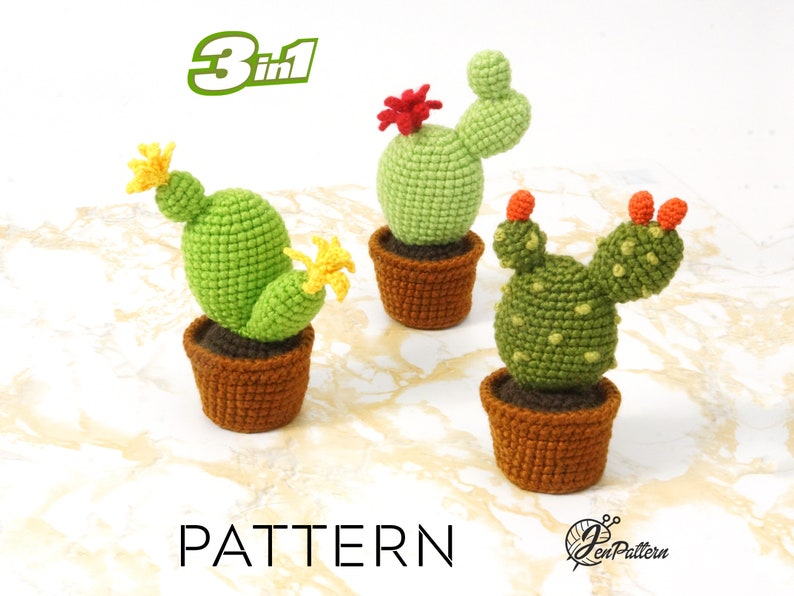 Cactus Collection crochet PATTERN, Amigurumi cactus plant, Crochet prickly pear tutorial. PDF file English image 1