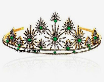 Natural Rosecut Diamond Emerald 925 Solid Silver Wedding Engagement Tiara Crown Jewelry, Bride Jewelry, Tiara , Emerald Crown
