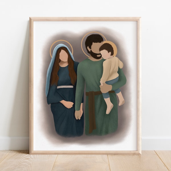 Holy Family Catholic Art 8x10 Digital Printable, Sacred Art, Mother and Baby, Family Print, Jesus, Mary and Joseph Artwork