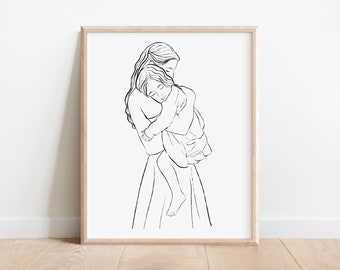 Mama and Toddler 8x10 Digital Printable, Baby shower Art, Nursery Decor, Mother and Child, Holding Baby, New Baby, Mom and Baby Line Art