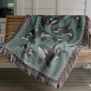 Orca Woven Blanket | Rustic Cabin Decor Throw | Lodge Whale Tapestry | Lake House Blanket | Cozy Nature Gift