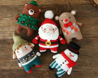 Patron au crochet 5 pouces 1 père Noël/rudolphe/bonhomme de neige/arbre aux ours/lunettes de soleil (PDF/ENG)