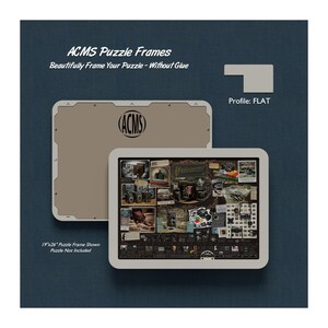 May include: Two ACMS puzzle frames are shown, one with a puzzle inside. The frames are white with a flat profile. Text on the image reads "ACMS Puzzle Frames" and "Beautifully Frame Your Puzzle - Without Glue". The puzzle frame shown is 19"x26".