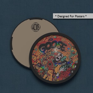 May include: Two circular wall clocks with black frames. One clock face is plain tan with a black ACMS logo. The other clock face features a colorful, intricate psychedelic illustration with the text GOOSE and MADISON SQUARE GARDEN.