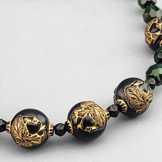 Antique Deep Green Glass Bead Necklace with Black… - image 3