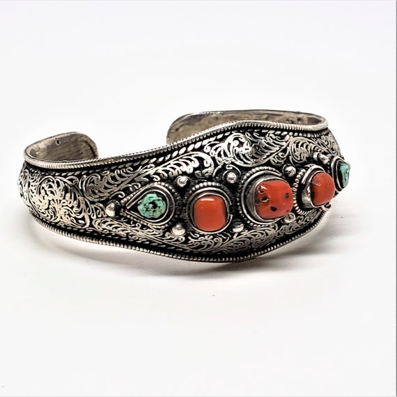 Sterling Asian Chinese Coral Turquoise Cuff bracel