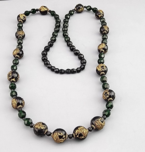 Antique Deep Green Glass Bead Necklace with Black… - image 2