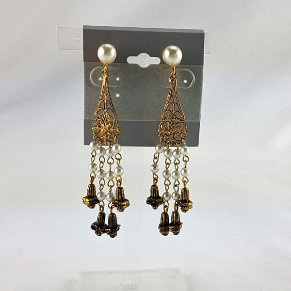 Stunning 1960s LONG Dangle clip Earrings made with Faux Pearls Wedding Prom