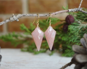 Peach Moonstone Shield shape drop earrings - 14k gold fill