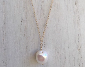 Freshwater Pearl Gold Filled Necklace with Pink Flare Round accent, 22 inches