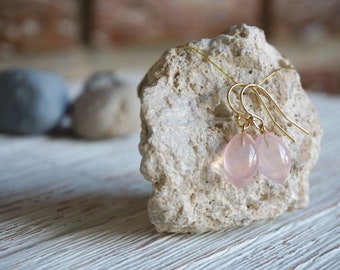 Pink Rose Quartz Drop earrings, Smooth Half Top Drilled Olive drops, Gold Filled hook, 8x13 mm