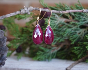 Ruby Gemstone Drop Earrings - 14k Gold-filled wire and hooks