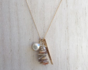 Gold Filled, Mother of Pearl Shell Necklace juxtaposed with Gold Filled Bar and Freshwater Pearl, 22 inches