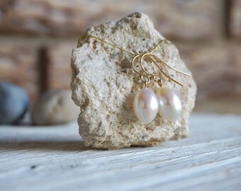 White Freshwater Pearl Drop earrings, Half Top Drilled, Gold Filled Screw Eye and Hook, 9-9.5 mm in diameter