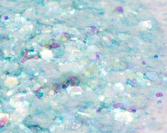 May include: A close-up of iridescent blue and white glitter. The glitter is a mix of different sizes and shapes, creating a sparkling effect.