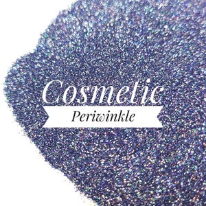 May include: A close-up of a pile of iridescent blue glitter, labelled "Cosmetic Periwinkle".
